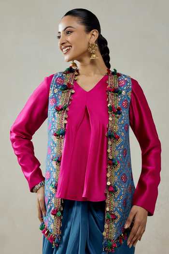 Shop Nitika Gujral Blue Silk, Chanderi, Shantoon Beads, Patola Pattern Jacket Draped Skirt Set Online at Aza Fashions Shop_Nitika Gujral_Blue Silk, Chanderi, Shantoon Beads, Patola Pattern Jacket Draped Skirt Set _Online_at_Aza_Fashions