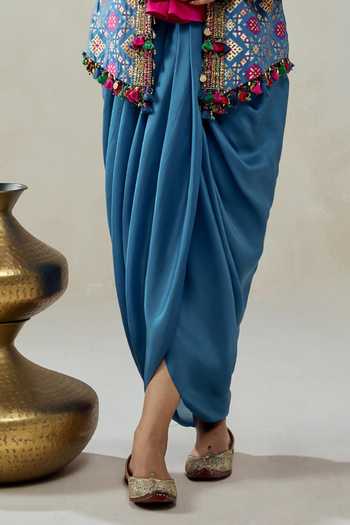 Nitika Gujral Blue Silk, Chanderi, Shantoon Beads, Patola Pattern Jacket Draped Skirt Set at Aza Fashions Nitika Gujral_Blue Silk, Chanderi, Shantoon Beads, Patola Pattern Jacket Draped Skirt Set _at_Aza_Fashions