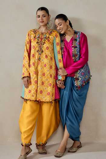 Buy_Nitika Gujral_Yellow Silk, Chanderi, Satin, Shantoon Beads, Tassels, Patola Print Kurta Set _Online_at_Aza_Fashions