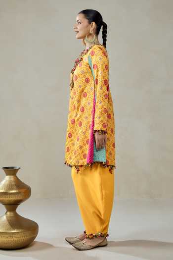 Shop_Nitika Gujral_Yellow Silk, Chanderi, Satin, Shantoon Beads, Tassels, Patola Print Kurta Set _Online_at_Aza_Fashions
