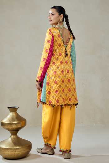 Nitika Gujral_Yellow Silk, Chanderi, Satin, Shantoon Beads, Tassels, Patola Print Kurta Set _Online_at_Aza_Fashions