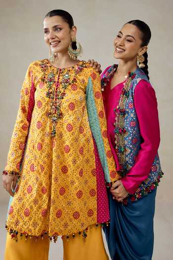 Nitika Gujral_Yellow Silk, Chanderi, Satin, Shantoon Beads, Tassels, Patola Print Kurta Set _at_Aza_Fashions