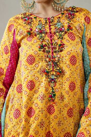 Shop_Nitika Gujral_Yellow Silk, Chanderi, Satin, Shantoon Beads, Tassels, Patola Print Kurta Set 