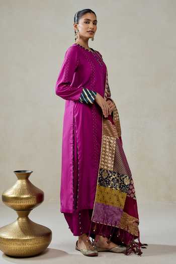 Nitika Gujral_Wine Silk, Brocade, Shantoon Embroidery, Zari Habutai Kurta Set With Dupatta _Online_at_Aza_Fashions