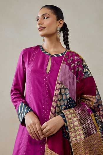Buy_Nitika Gujral_Wine Silk, Brocade, Shantoon Embroidery, Zari Habutai Kurta Set With Dupatta _Online_at_Aza_Fashions