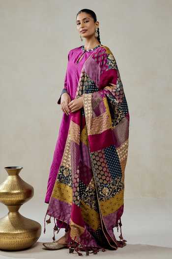 Shop_Nitika Gujral_Wine Silk, Brocade, Shantoon Embroidery, Zari Habutai Kurta Set With Dupatta _Online_at_Aza_Fashions