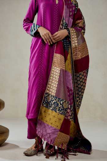 Nitika Gujral_Wine Silk, Brocade, Shantoon Embroidery, Zari Habutai Kurta Set With Dupatta _at_Aza_Fashions