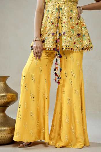 Buy_Nitika Gujral_Yellow Silk, , Shantoon, Resham Peplum Tunic With Sharara _Online_at_Aza_Fashions
