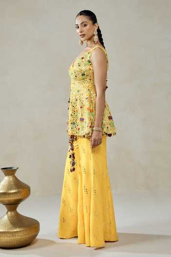Shop_Nitika Gujral_Yellow Silk, , Shantoon, Resham Peplum Tunic With Sharara _Online_at_Aza_Fashions