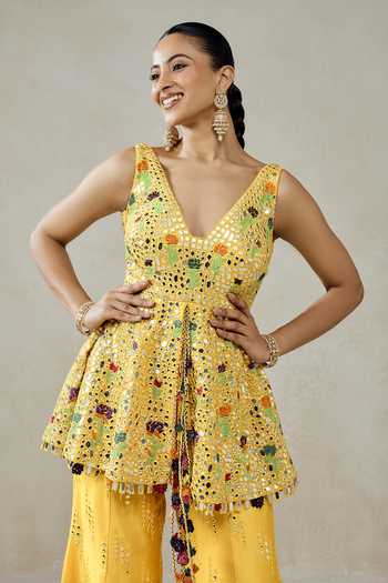 Nitika Gujral_Yellow Silk, , Shantoon, Resham Peplum Tunic With Sharara _at_Aza_Fashions
