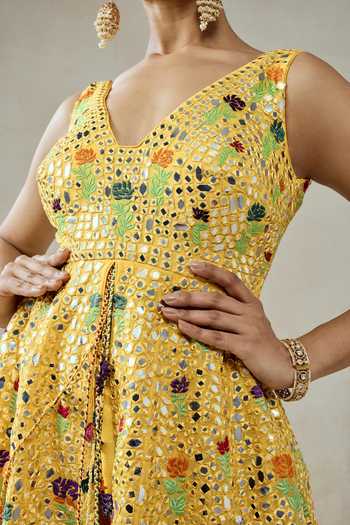 Buy_Nitika Gujral_Yellow Silk, , Shantoon, Resham Peplum Tunic With Sharara 