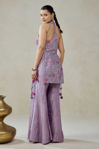 Nitika Gujral_Purple Silk, Shantoon Fabric Flowers, Raw Embroidered Kurta And Sharara Set _Online_at_Aza_Fashions