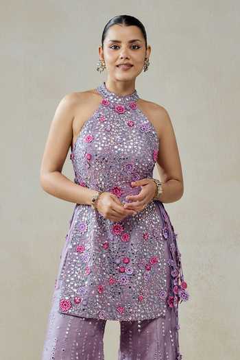 Buy_Nitika Gujral_Purple Silk, Shantoon Fabric Flowers, Raw Embroidered Kurta And Sharara Set _Online_at_Aza_Fashions