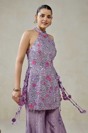 Shop_Nitika Gujral_Purple Silk, Shantoon Fabric Flowers, Raw Embroidered Kurta And Sharara Set _Online_at_Aza_Fashions