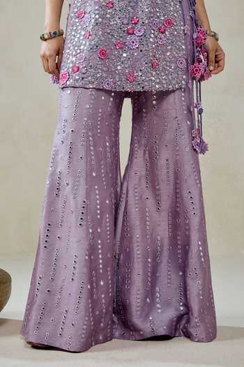 Nitika Gujral_Purple Silk, Shantoon Fabric Flowers, Raw Embroidered Kurta And Sharara Set _at_Aza_Fashions