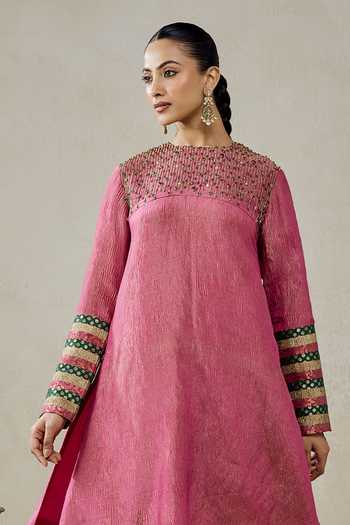 Buy_Nitika Gujral_Pink Silk, Tissue, Shantoon Embroidery, Crushed Banarasi Kurta And Salwar Set _Online_at_Aza_Fashions