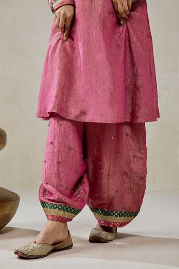 Shop_Nitika Gujral_Pink Silk, Tissue, Shantoon Embroidery, Crushed Banarasi Kurta And Salwar Set _Online_at_Aza_Fashions