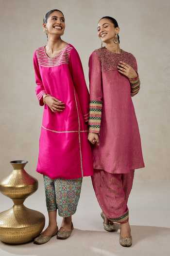 Buy_Nitika Gujral_Pink Silk, Tissue, Shantoon Embroidery, Crushed Banarasi Kurta And Salwar Set 