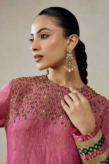 Shop_Nitika Gujral_Pink Silk, Tissue, Shantoon Embroidery, Crushed Banarasi Kurta And Salwar Set 