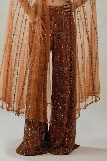 Buy_Nitika Gujral_Gold Satin, Net Sequins, Beads, Stones Hand Embellished Cape Sharara Set _Online_at_Aza_Fashions