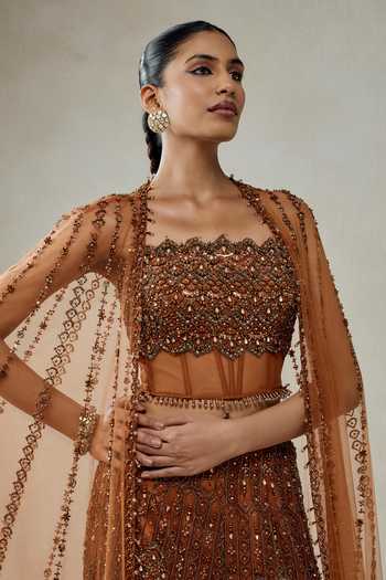 Shop_Nitika Gujral_Gold Satin, Net Sequins, Beads, Stones Hand Embellished Cape Sharara Set _Online_at_Aza_Fashions