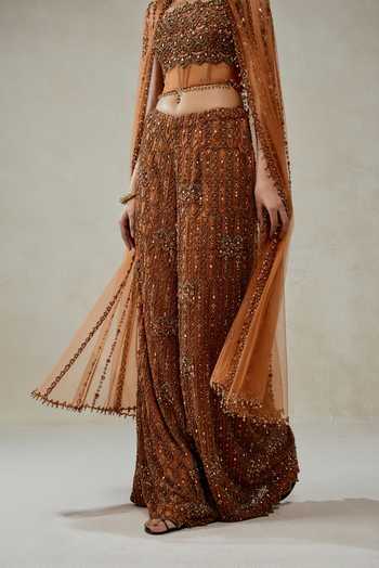 Buy_Nitika Gujral_Gold Satin, Net Sequins, Beads, Stones Hand Embellished Cape Sharara Set 