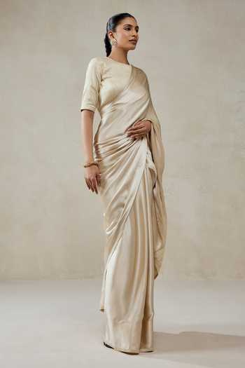 Buy_Nitika Gujral_Ivory Tissue, Shantoon Zari Round Neck Monga Saree And Blouse Set _Online_at_Aza_Fashions