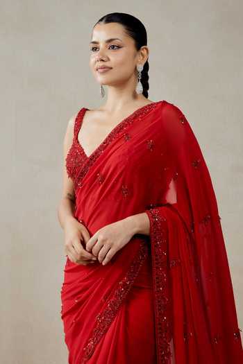 Buy Nitika Gujral Red Georgette, Satin, Shantoon Sequins, Beads Embellished Saree And Blouse Set Online at Aza Fashions Buy_Nitika Gujral_Red Georgette, Satin, Shantoon Sequins, Beads Embellished Saree And Blouse Set _Online_at_Aza_Fashions