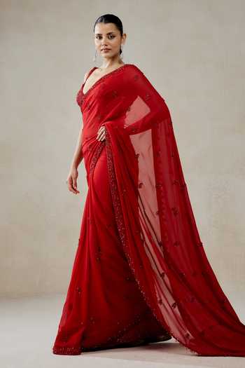 Shop Nitika Gujral Red Georgette, Satin, Shantoon Sequins, Beads Embellished Saree And Blouse Set Online at Aza Fashions Shop_Nitika Gujral_Red Georgette, Satin, Shantoon Sequins, Beads Embellished Saree And Blouse Set _Online_at_Aza_Fashions