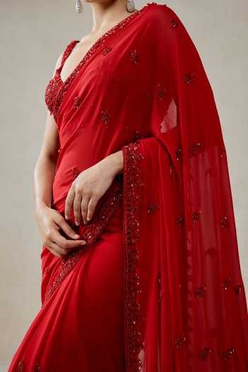 Nitika Gujral Red Georgette, Satin, Shantoon Sequins, Beads Embellished Saree And Blouse Set at Aza Fashions Nitika Gujral_Red Georgette, Satin, Shantoon Sequins, Beads Embellished Saree And Blouse Set _at_Aza_Fashions