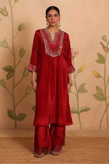 Pouli Pret_Red Silk, Organza, Voile Embroidery, Sequins, Zari, Mirrors Sheesh Kurta Set _Online_at_Aza_Fashions