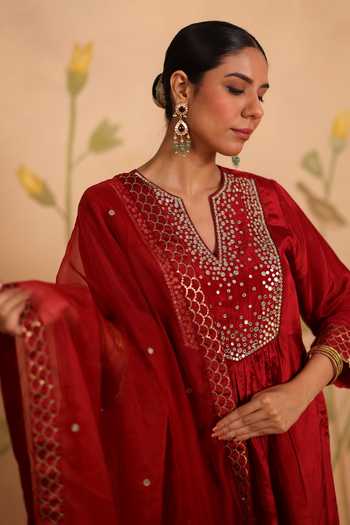Shop_Pouli Pret_Red Silk, Organza, Voile Embroidery, Sequins, Zari, Mirrors Sheesh Kurta Set _Online_at_Aza_Fashions