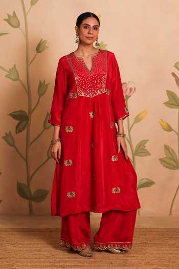 Pouli Pret_Pink Silk, Cotton, Organza Embroidery, Sequins, Beads, Pearls, Kamla Kurta Set _Online_at_Aza_Fashions