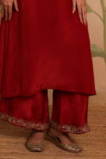 Buy_Pouli Pret_Red Silk, Cotton, Organza, Voile Zari Split Gazal Zardozi Embroidered Kurta Set _Online_at_Aza_Fashions