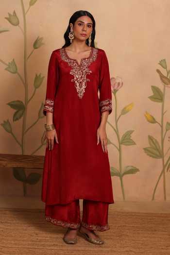 Shop_Pouli Pret_Red Silk, Cotton, Organza, Voile Zari Split Gazal Zardozi Embroidered Kurta Set _Online_at_Aza_Fashions