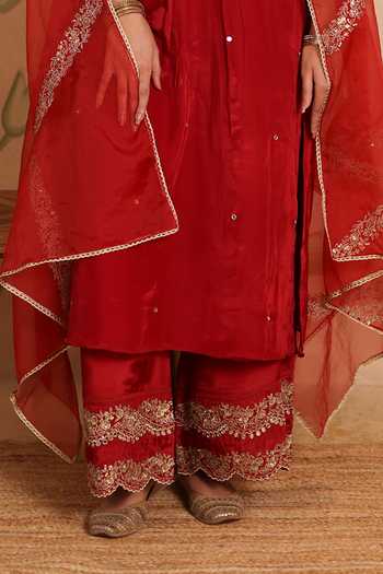 Pouli Pret_Red Silk, Organza, Cotton, Voile Sequins, Zari, Zohra Embroidered Kurta Set _Online_at_Aza_Fashions