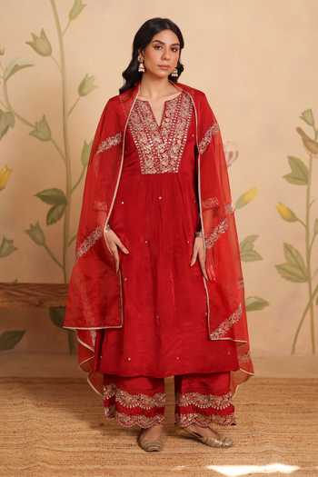 Buy_Pouli Pret_Red Silk, Organza, Cotton, Voile Sequins, Zari, Zohra Embroidered Kurta Set _Online_at_Aza_Fashions