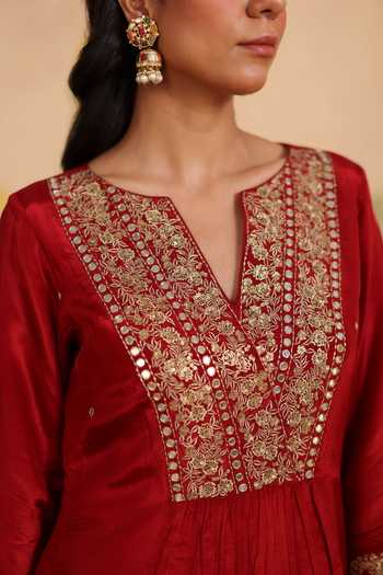 Shop_Pouli Pret_Red Silk, Organza, Cotton, Voile Sequins, Zari, Zohra Embroidered Kurta Set _Online_at_Aza_Fashions