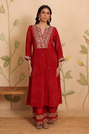 Pouli Pret_Red Silk, Organza, Cotton, Voile Sequins, Zari, Zohra Embroidered Kurta Set _at_Aza_Fashions