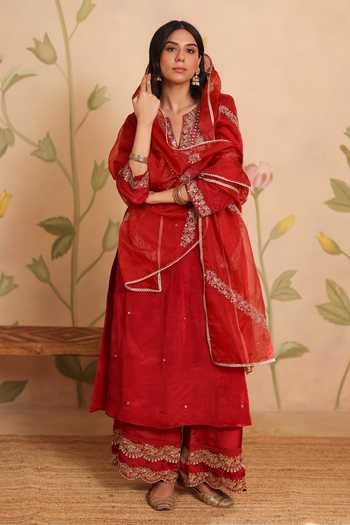 Buy_Pouli Pret_Red Silk, Organza, Cotton, Voile Sequins, Zari, Zohra Embroidered Kurta Set 