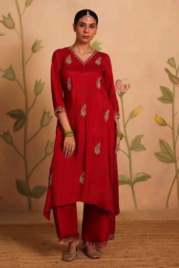 Buy_Pouli Pret_Red Silk, Organza, Cotton, Voile Zari, Zardozi Ashna Embroidered Kurta Set _Online_at_Aza_Fashions