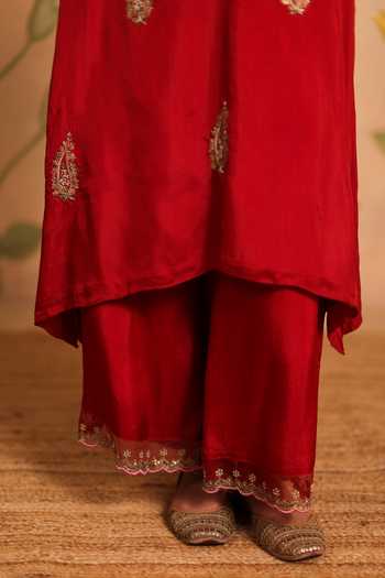 Shop_Pouli Pret_Red Silk, Organza, Cotton, Voile Zari, Zardozi Ashna Embroidered Kurta Set _Online_at_Aza_Fashions