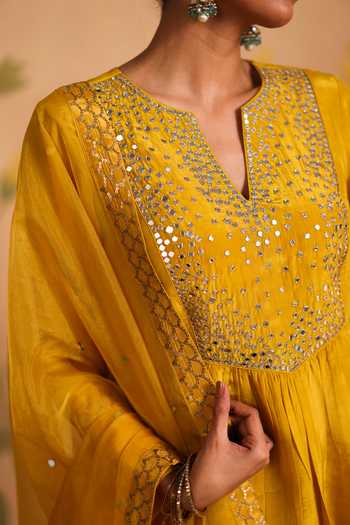 Shop_Pouli Pret_Yellow Silk, Organza, Cotton, Voile Sequins, Zari, Sheesh Embroidered Kurta Set _Online_at_Aza_Fashions
