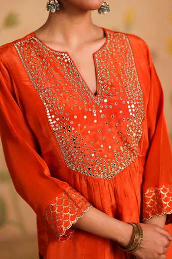 Buy_Pouli Pret_Orange Silk, Organza Mirrors, Sequins, Zari Sheesh Embroidered Kurta Set _Online_at_Aza_Fashions