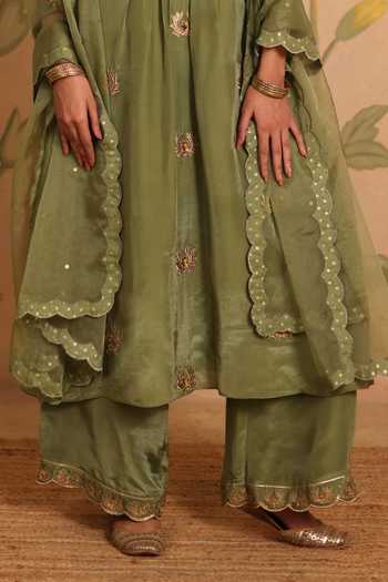Shop_Pouli Pret_Green Silk, Organza Embroidery, Sequins, Beads, Pearls, Zari Kamla Kurta Set _Online_at_Aza_Fashions