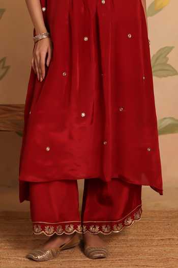 Pouli Pret_Red Silk, Cotton Embroidery, Zari, Mirrors Pankaja Zardozi Kaftan And Pant Set _Online_at_Aza_Fashions