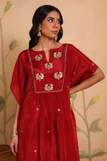 Buy_Pouli Pret_Red Silk, Cotton Embroidery, Zari, Mirrors Pankaja Zardozi Kaftan And Pant Set _Online_at_Aza_Fashions