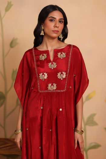 Shop_Pouli Pret_Red Silk, Cotton Embroidery, Zari, Mirrors Pankaja Zardozi Kaftan And Pant Set _Online_at_Aza_Fashions