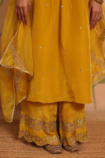 Shop_Pouli Pret_Yellow Silk, Organza, Voile Embroidery, Sequins, Zari, Mirrors Zohra Kurta Set _Online_at_Aza_Fashions