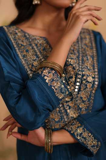 Pouli Pret_Blue Silk, Organza, Cotton, Voile Embroidery, Sequins, Zohra Zardozi Kurta Set _Online_at_Aza_Fashions